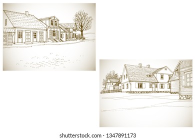 Set with the old  views of the village streets. Romantic landscapes of Eastern Europe. Vector illustration in hand drawn line style. Sketch in sepia on retro background.