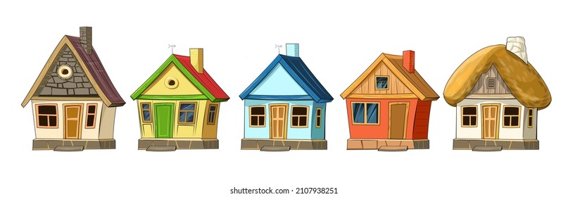 Set of old village little houses. Fabulous cartoon objects. Cute childish style. Ancient dwelling. Tiny small home. Isolated on white background. Vector.