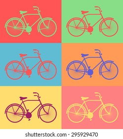 Set of old vintage bike. Retro styled of a classic nineteenth century bicycle, orange, red, green, blue and yellow color, old fashioned design, vector art image illustration, isolated on a background