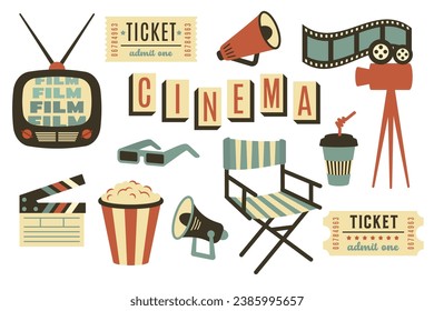 Set of old vintage cinema equipment with various cinematic elements. Doodle handdrawn cinematographic objects in retro style. Cinematography industry, video production, movie. Vector flat illustration