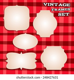 Set of old vintage classic frames on red plaid background. Retro design.