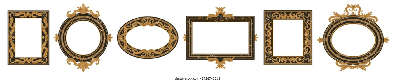 Conjunto de antiguos marcos vintage con intrincados adornos de oro desgastado, bordes de filigrana, tallas antiguas en estilo barroco o victoriano adornado. Retratos de Galería vacíos de lujo diseños Ilustración vectorial
