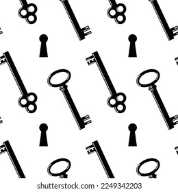 Set of old vintage keys. Seamless pattern with medieval keys and keyhole. Symbol of security and privacy. Design element to signify entering a password into the system. Protection of private property.