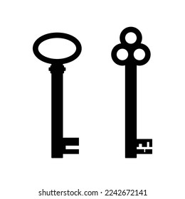 Set of old vintage keys. Silhouettes of medieval keys. Symbol of security and privacy. Design element to signify entering a password into the system. Protection of private property.