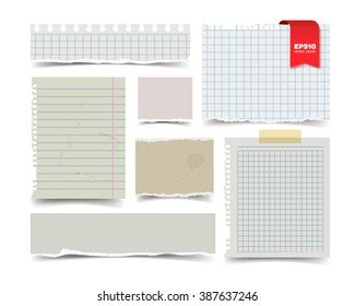 Set of old vintage notepaper sheets with shadow isolated on white background. Squared and lined notebook page wit ragged edges. Torn ragged paper pieces. Realistic vector illustration of paper pieces.