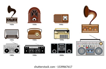 Set of old vintage radio transistor time line. eps 10 vector