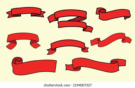 Set of old vintage red ribbon banners and drawing in engraving style. Hand drawn design element.
