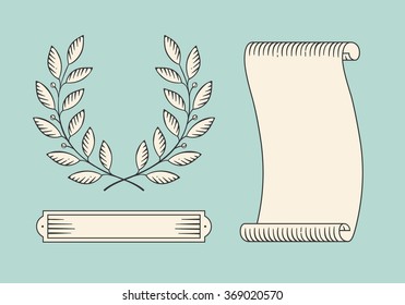 Set of old vintage ribbon banner and laurel wreath in engraving style. Hand drawn design element. Vector illustration