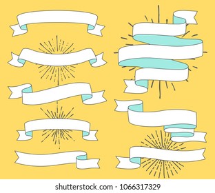 Set of old vintage ribbon banners. Ivitation design element with sunburst. Vector Illustration