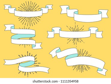 Set of old vintage ribbon banners and drawing in engraving style. Ivitation design element with sunburst. Vector Illustration