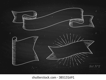 Set of old vintage ribbon banners in engraving style on a black chalkboard background and texture. Hand drawn design element. Vector illustration