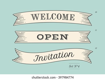 Set of old vintage ribbon banners and drawing in engraving style with word Welcome, Open and Invitation. Hand drawn design element. Vector Illustration - Shutterstock ID 397984774