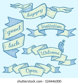 Set of old vintage ribbon banners and drawing in engraving style with word Welcome, Open, Invitation, happy and good luck. Old ribbon banner - for decoration, scrapbook and design in vector