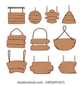 Set of Old west empty signboards or wood plank. Blank wooden boards with nails for banners or messages hanging on chains or ropes. cartoon style, signpost or billboard, vector illustration