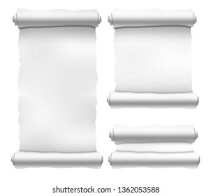 Set of old white textured scrolls different shapes isolated on white