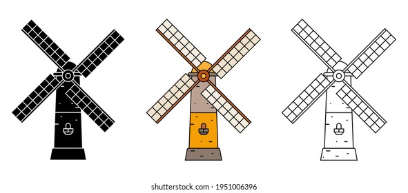 Set of old windmill in three variations. Colorful, silhouette and outline. Vector flat illustration