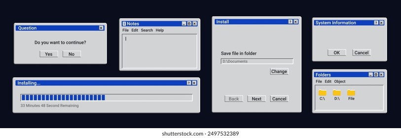 Conjunto de mensajes de ventana viejos. Barra de carga retro en pantalla. Interfaz de Antiguas Explorer con carpetas.