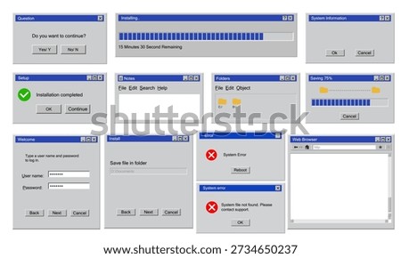 A set of old window messages. Vintage Explorer interface with folders. Window messages. Vintage interface with folders