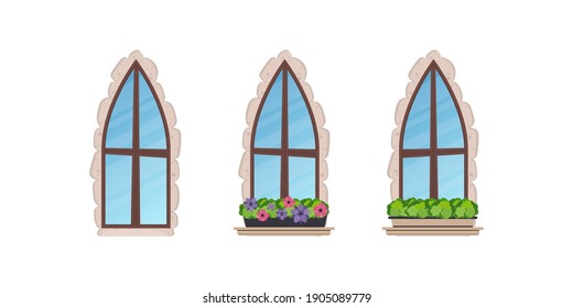 Set of old windows with flowers and stone cladding. Cartoon style. Vector illustration.