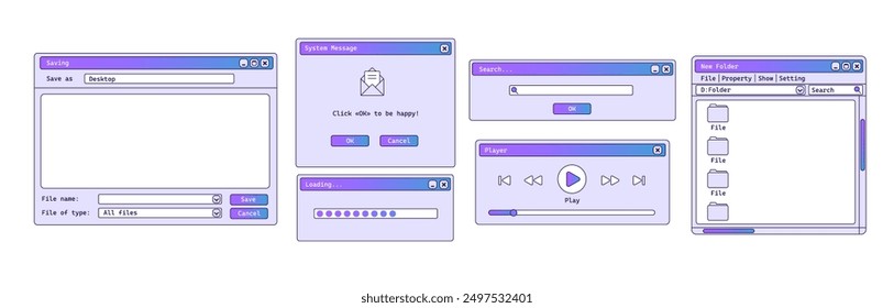 Set of old windows with gradient. Purple music player on computer. Retro file explorer program.