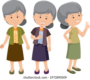 Set of old woman cartoon character with different positions illustration