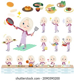 A set of Old woman in a purple jersey about cooking.It's vector art so easy to edit.