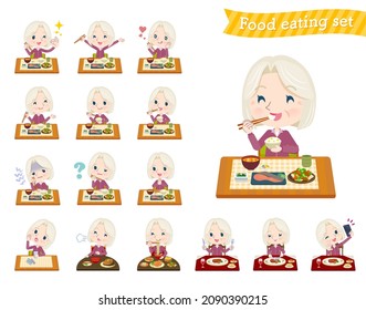 A set of Old woman in a purple jersey about meals.It's vector art so easy to edit.