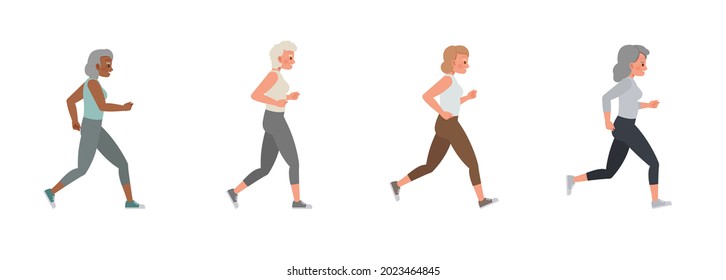 Set of old woman running character vector design. Group of people jogging exercising together.