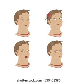 Set of Old woman's portrait isolated on white background. Different Expression of emotion on her face. Vector illustration eps 10