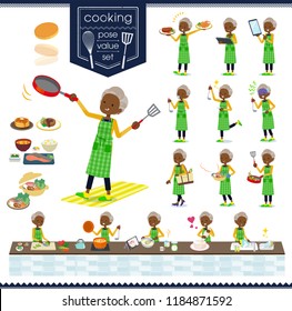 A set of old women about cooking.There are actions that are cooking in various ways in the kitchen.It's vector art so it's easy to edit.