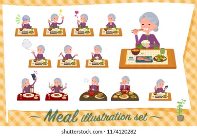 A set of old women about meals.Japanese and Chinese cuisine, Western style dishes and so on.It's vector art so it's easy to edit.