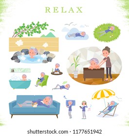 A set of old women about relaxing.There are actions such as vacation and stress relief.It's vector art so it's easy to edit.