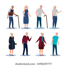 set of old women and men with fashion clothes and hairstyle