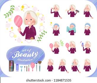 A set of old women on beauty.There are various actions such as skin care and makeup.It's vector art so it's easy to edit.