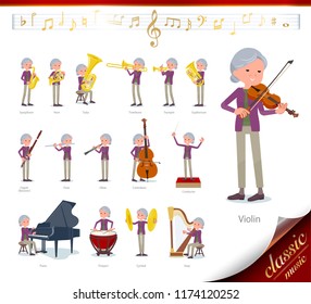 A set of old women on classical music performances.There are actions to play various instruments such as string instruments and wind instruments.It's vector art so it's easy to edit.