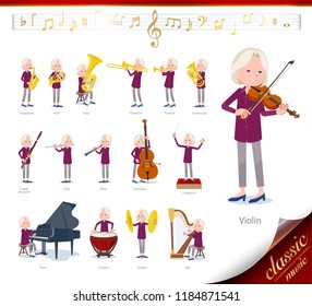 A set of old women on classical music performances.There are actions to play various instruments such as string instruments and wind instruments.It's vector art so it's easy to edit.
