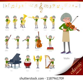 A set of old women on classical music performances.There are actions to play various instruments such as string instruments and wind instruments.It's vector art so it's easy to edit.