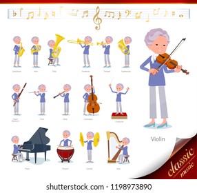 A set of old women on classical music performances.There are actions to play various instruments such as string instruments and wind instruments.It's vector art so it's easy to edit.