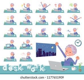 A set of old women on desk work.There are various actions such as feelings and fatigue.It's vector art so it's easy to edit.