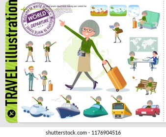 A set of old women on travel.There are also vehicles such as boats and airplanes.It's vector art so it's easy to edit.