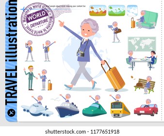 A set of old women on travel.There are also vehicles such as boats and airplanes.It's vector art so it's easy to edit.