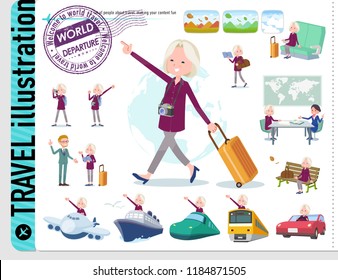 A set of old women on travel.There are also vehicles such as boats and airplanes.It's vector art so it's easy to edit.