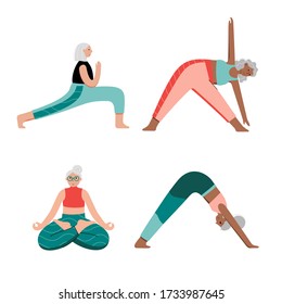 Set of old women performing yoga exercises at home. Senior ladies in different isolated poses. Mature female cartoon characters. Flat colorful vector illustration. Healthy lifestyle concept for poster