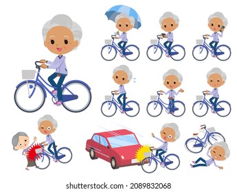 A set of old women in purple jerseys  riding a city cycle.It's vector art so easy to edit.