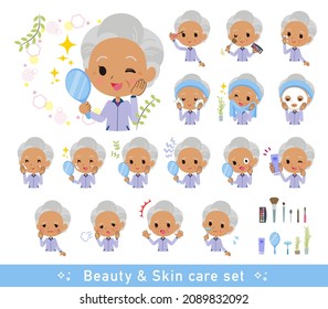 A set of old women in purple jerseys  on beauty.There are various actions such as skin care and makeup.It's vector art so easy to edit.
