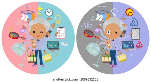 A set of old women in purple jerseys  who perform multitasking in offices and private.It's vector art so easy to edit.