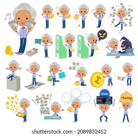 A set of old women in purple jerseys  with concerning money and economy.It's vector art so easy to edit.