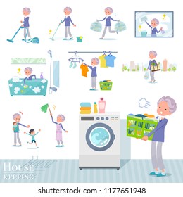 A set of old women related to housekeeping such as cleaning and laundry.There are various actions such as child rearing.It's vector art so it's easy to edit.