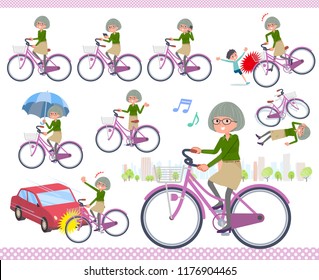 A set of old women riding a city cycle.There are actions on manners and troubles.It's vector art so it's easy to edit.