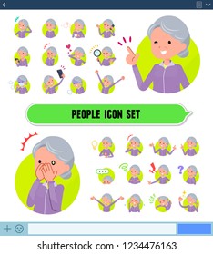 A set of old women in sportswear with expresses various emotions on the SNS screen.There are variations of emotions such as joy and sadness.It's vector art so it's easy to edit.